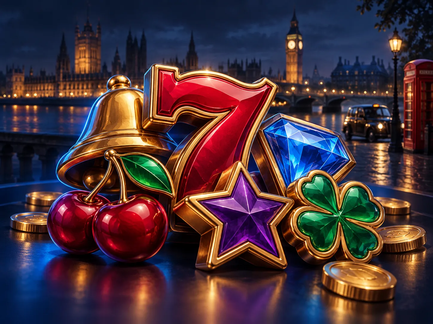 Close-up of colourful 3D slot machine symbols rendered in gold and deep navy, with electric blue highlights and cinematic sof