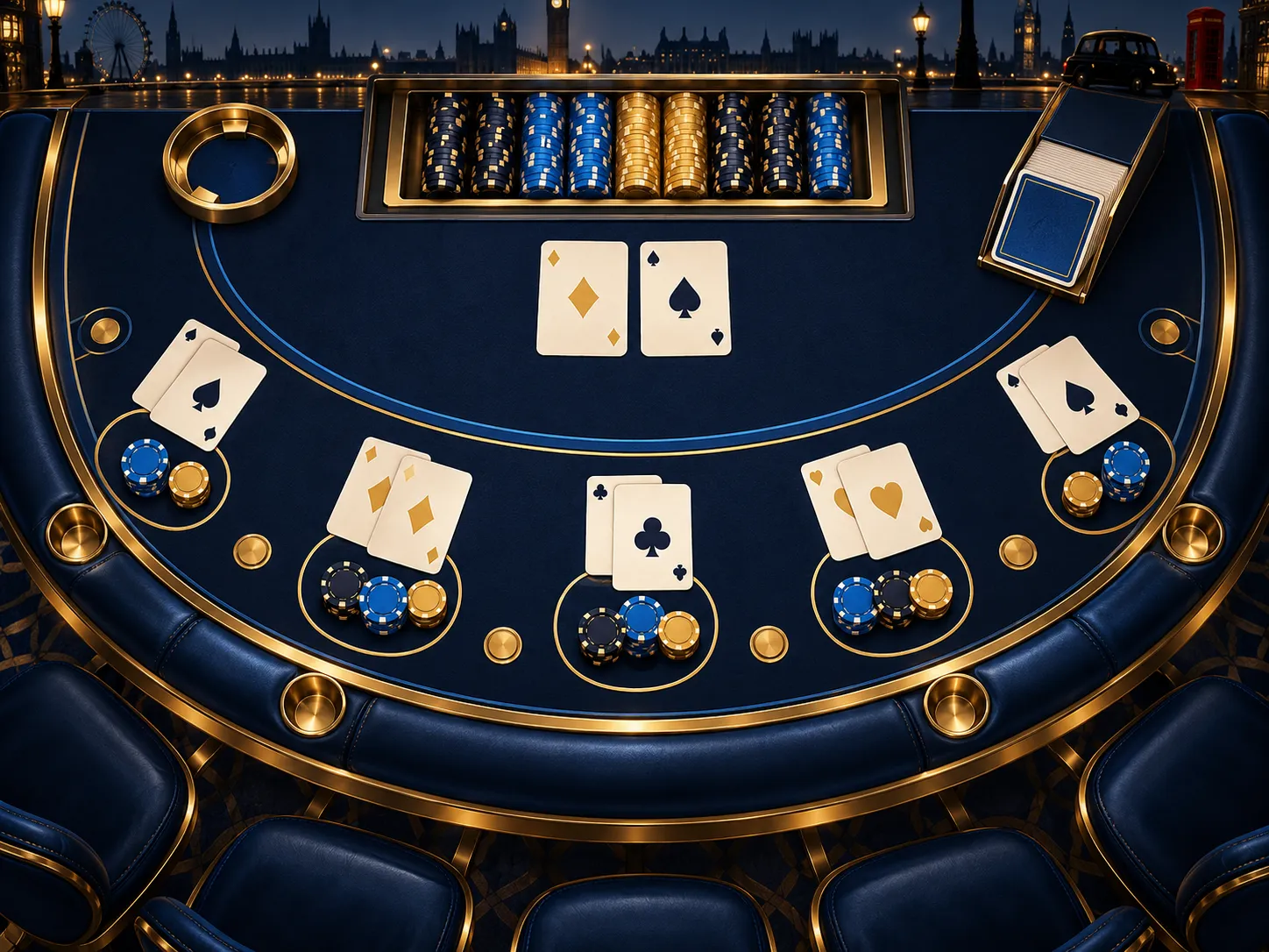 Aerial view of a luxury blackjack table featuring gold-rimmed playing cards and stacked casino chips under cinematic soft lig