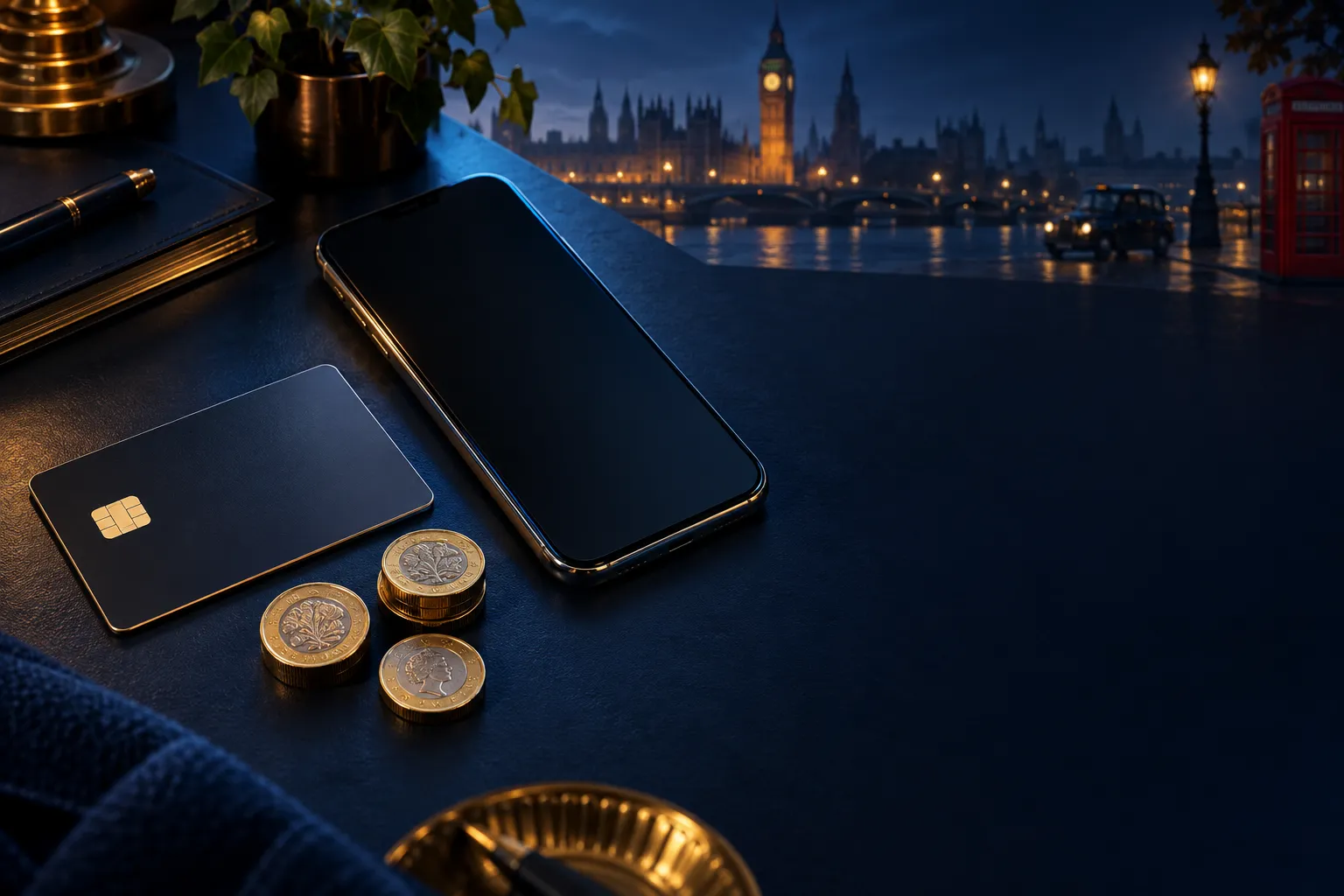 Flat-lay of a bank card, smartphone and gold coins on a deep navy desk with soft cinematic lighting and UK accents