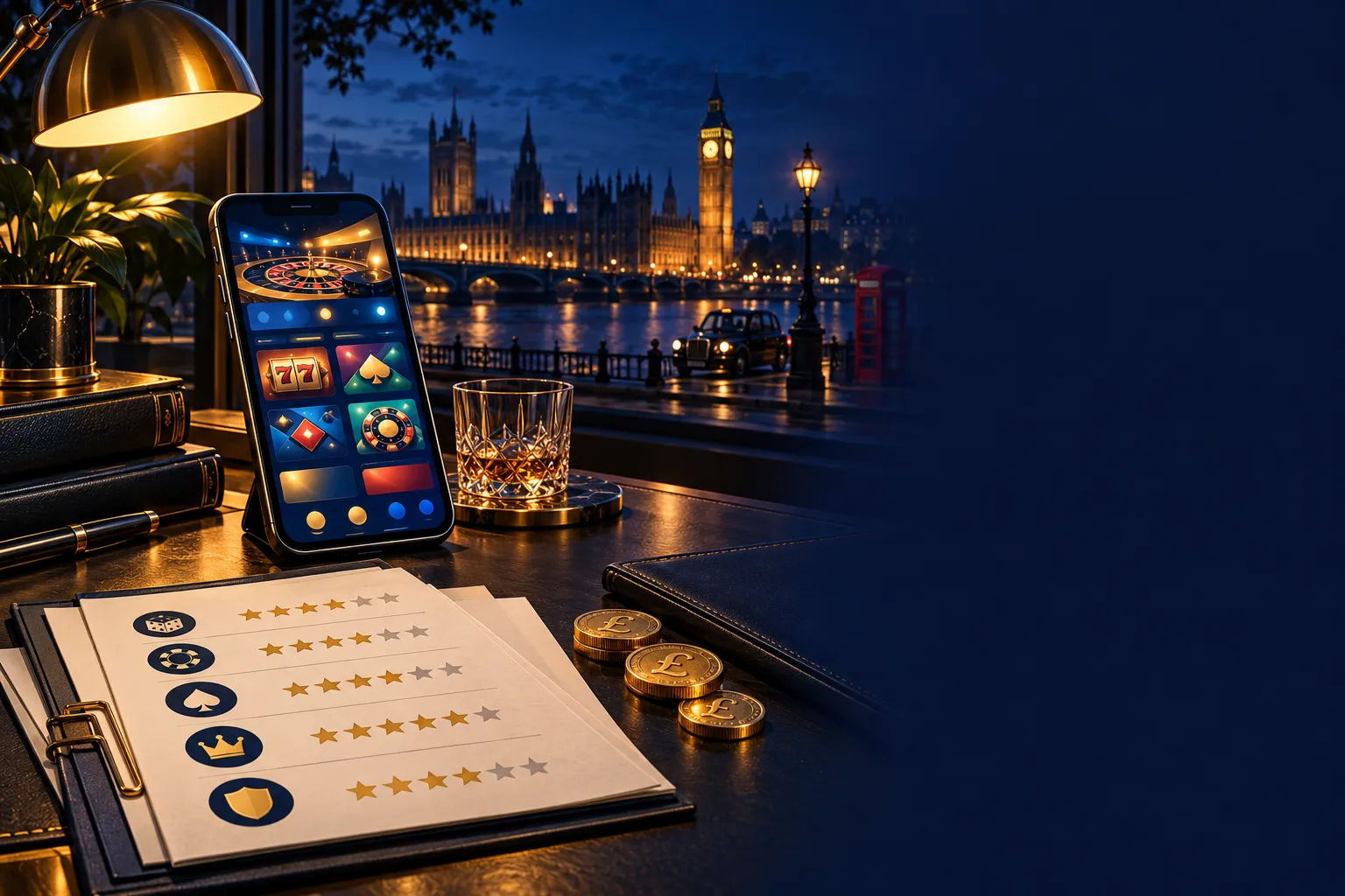 Premium editorial illustration of a casino reviewer's desk with smartphone, scorecard sheets with star ratings, and warm desk