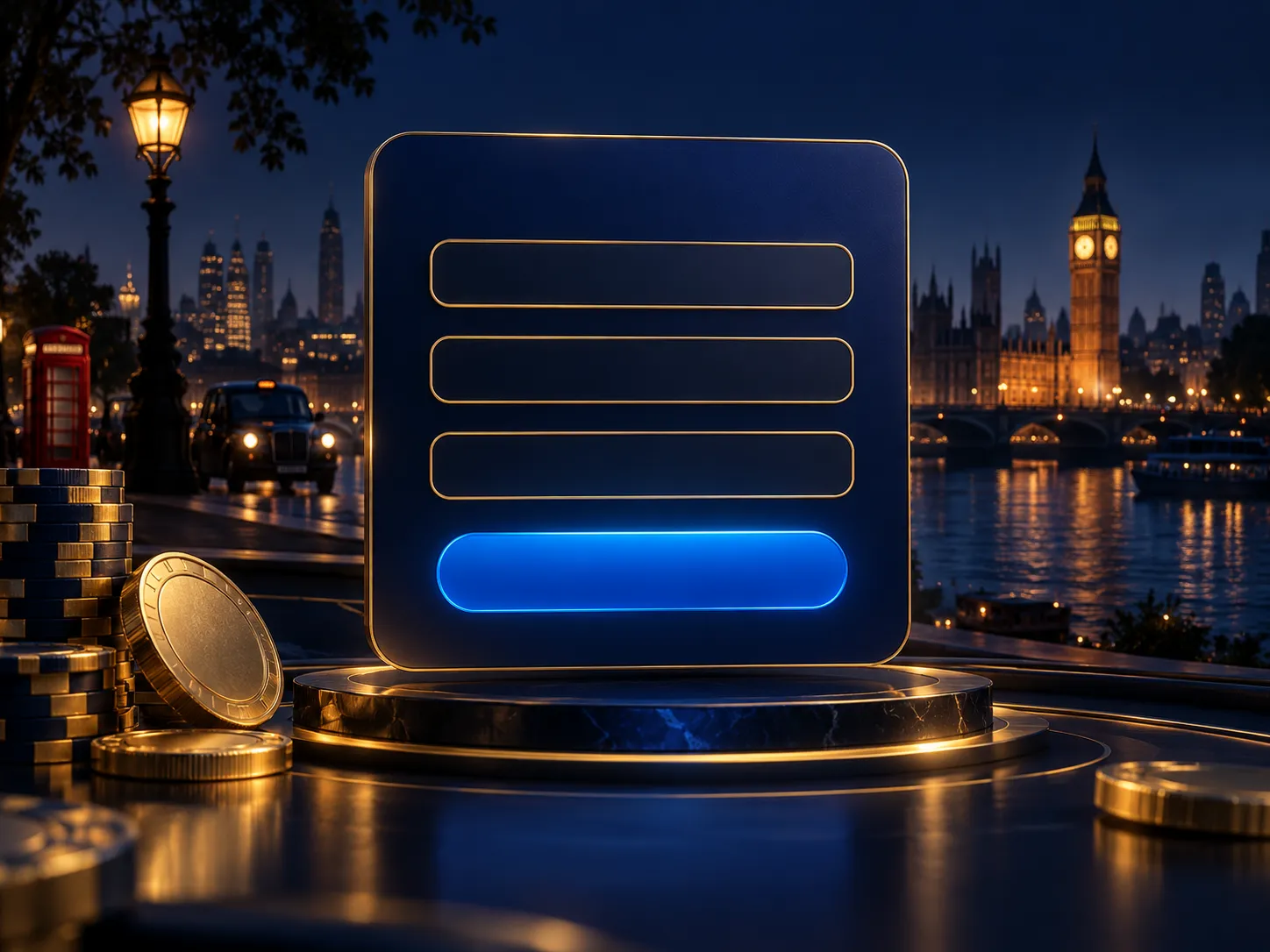 Dark navy digital form panel with gold-accented input fields and a glowing electric blue submit button, premium editorial sty