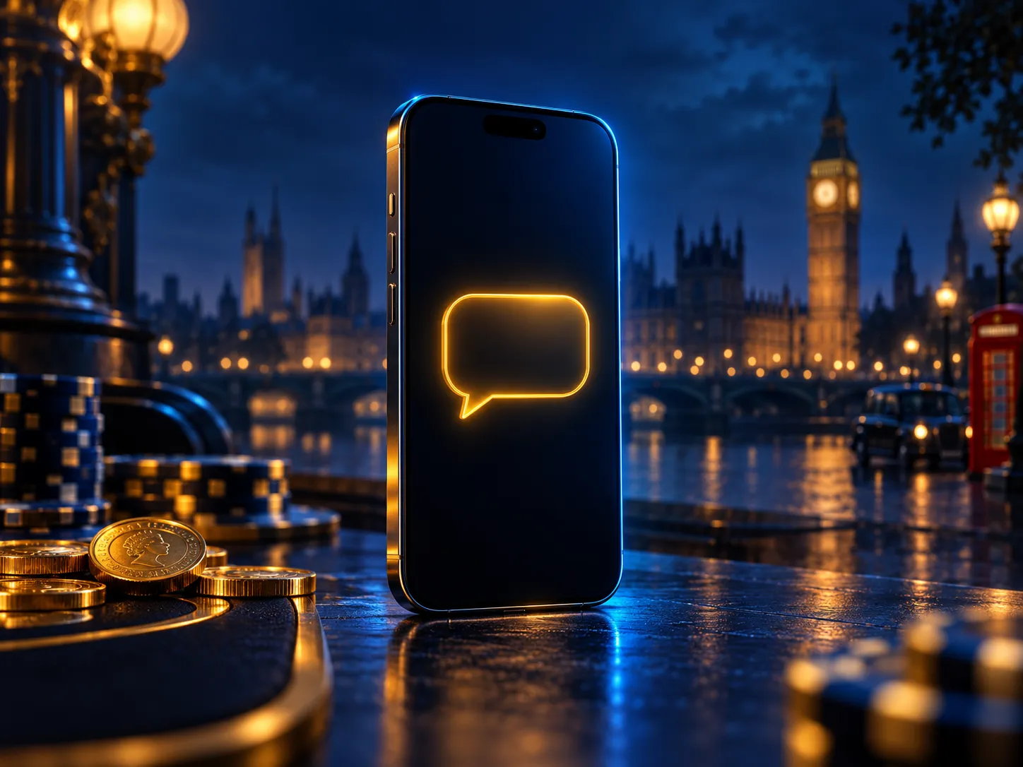 Dark smartphone displaying a gold chat bubble against deep navy background with subtle London skyline silhouette, premium cas