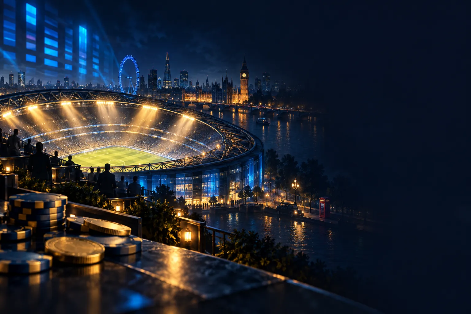 Dark stadium at night bathed in gold floodlight glow with an abstract illuminated odds board, editorial hero banner for UK ca