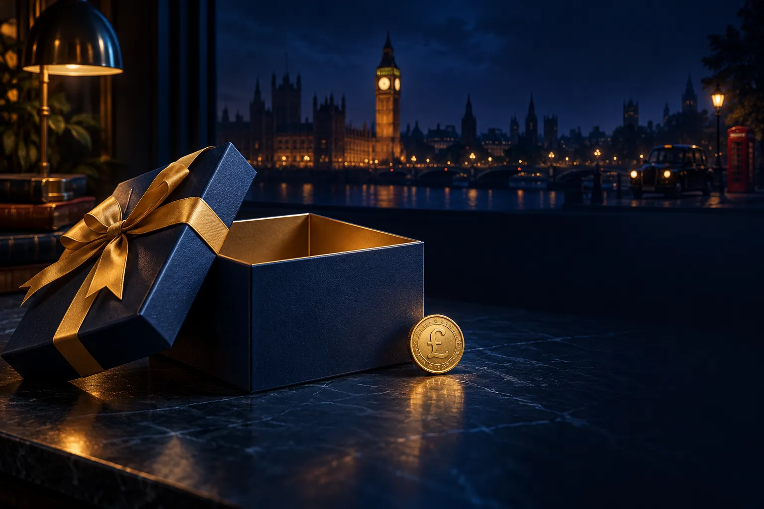 Open empty gift box with a single gold coin on a navy desk, editorial illustration with electric blue and gold accents
