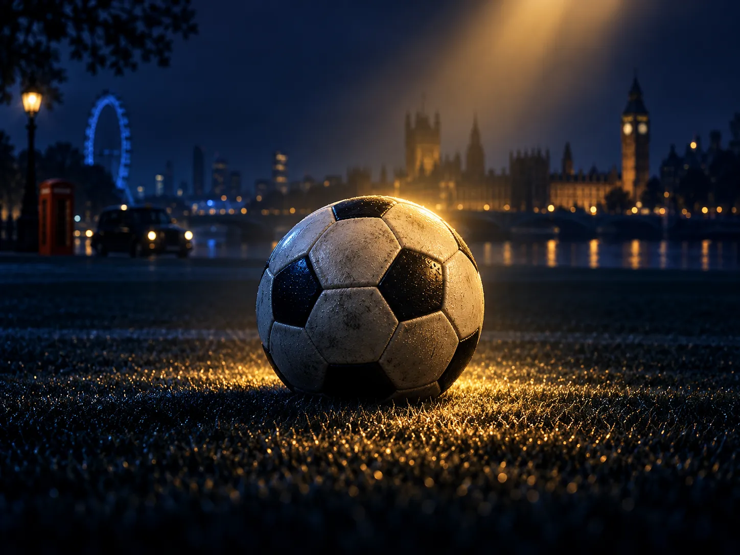 A football resting on dark turf bathed in warm gold light, set against a deep navy background with subtle London skyline silh