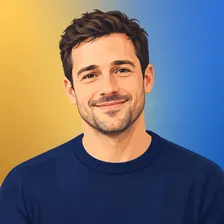 Stylised flat-vector bust portrait of a smiling British man in his thirties, short dark hair, navy jumper, gold-to-blue gradi