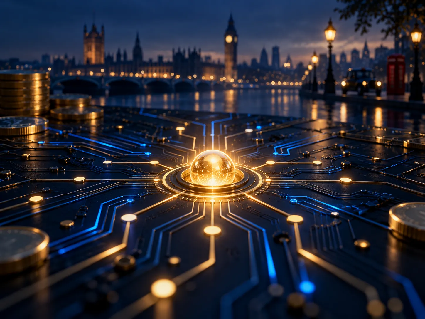 Dark circuit board surface with a glowing gold node, electric blue highlights on deep navy background, cinematic lighting