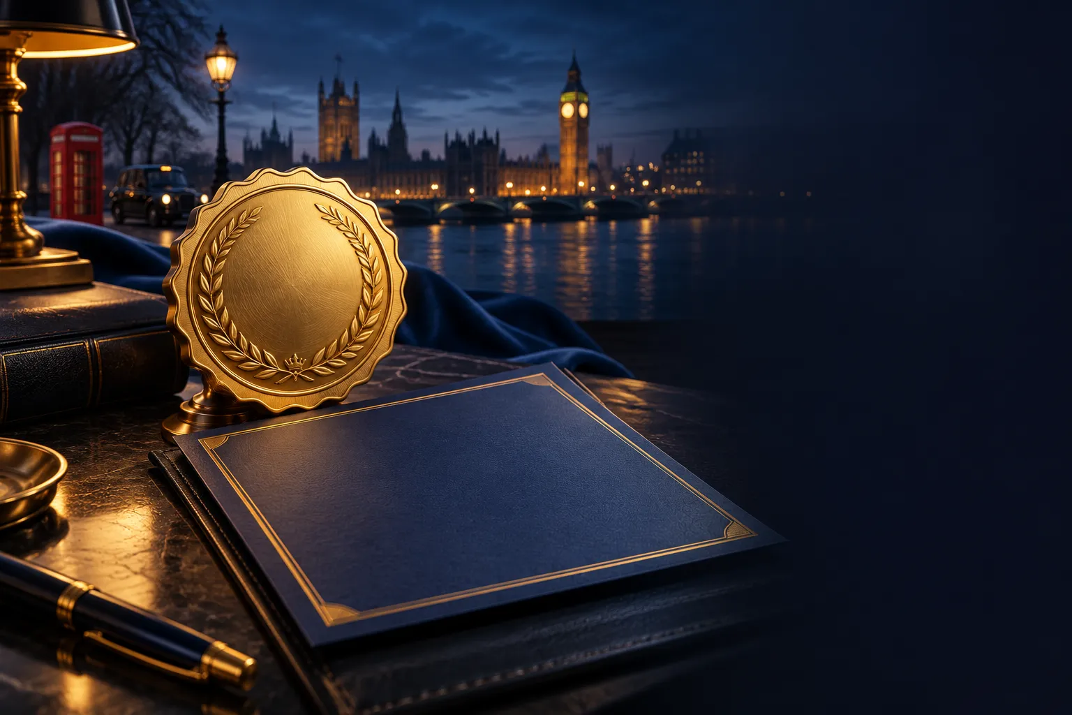 Premium editorial illustration of a gold wax seal and navy certificate resting on a dark desk, cinematic soft lighting with e