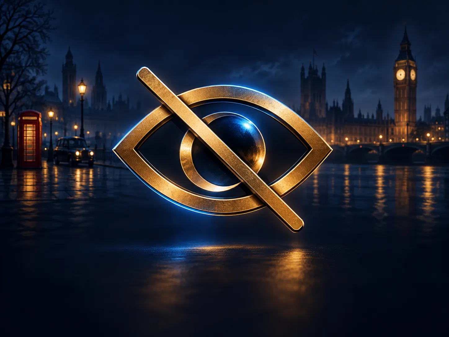 A gold eye icon with a diagonal slash through it glowing against a deep navy background, premium editorial casino-review illu
