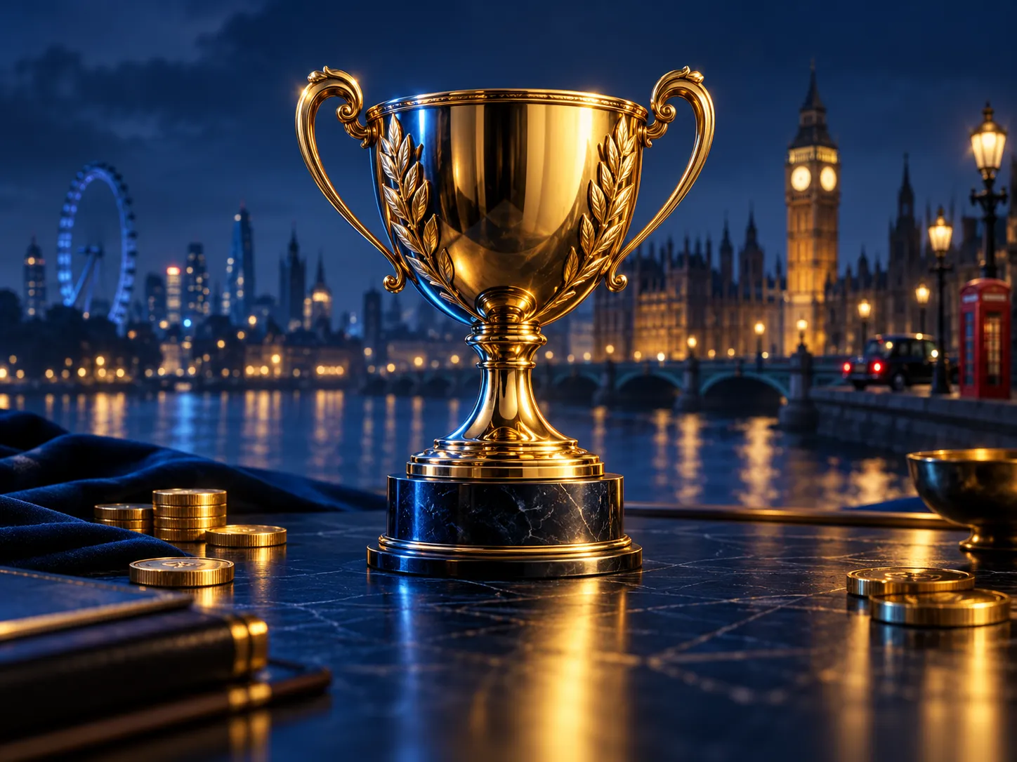 A gleaming gold trophy centred on a dark navy desk with cinematic lighting and subtle London skyline accents in the backgroun