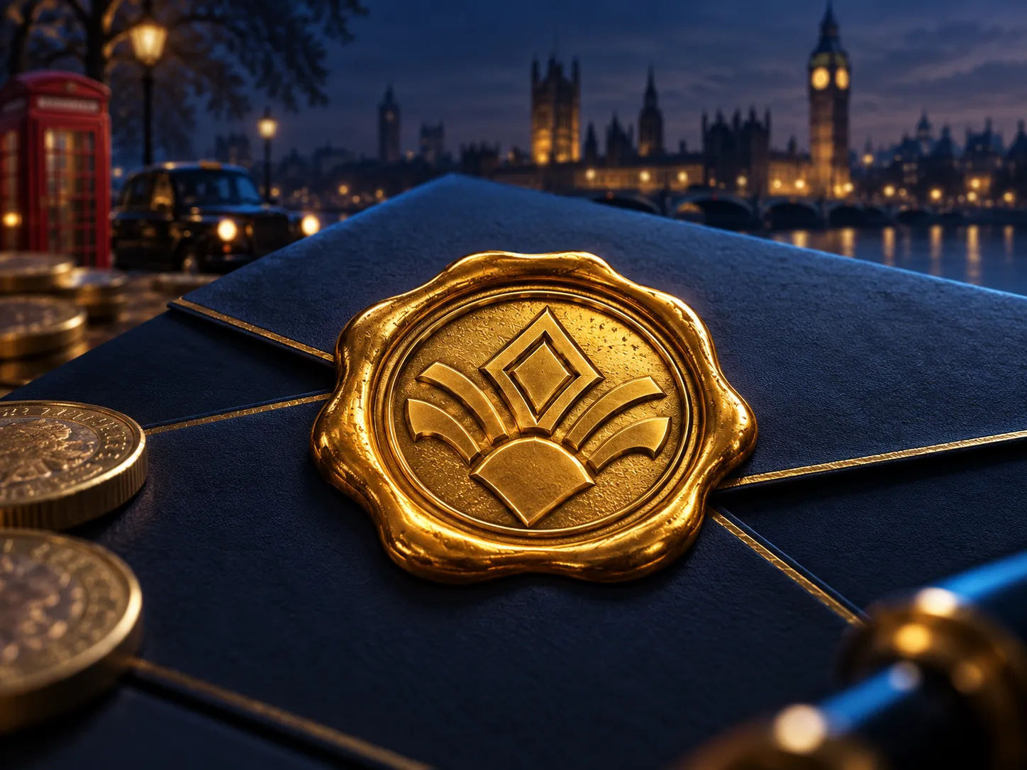 A gleaming gold wax seal pressed onto a deep navy document, cinematic soft lighting with electric blue and warm gold accents,