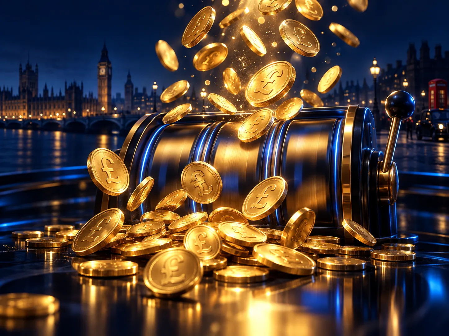 Glowing golden coins cascading over a dark slot machine reel with electric blue highlights and faint London skyline in deep n